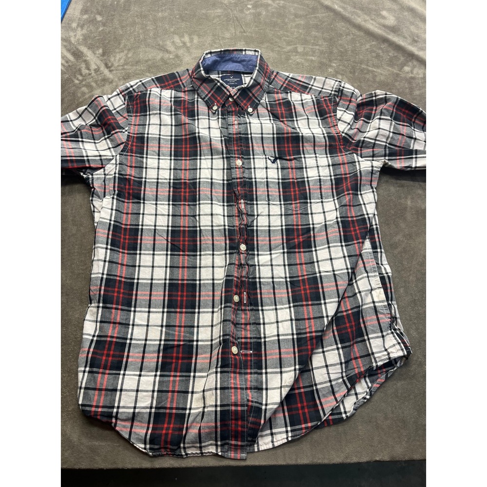 American‎ Eagle Outfitters Mens Classic Fit Plaid Button Down Shirt Navy Red M